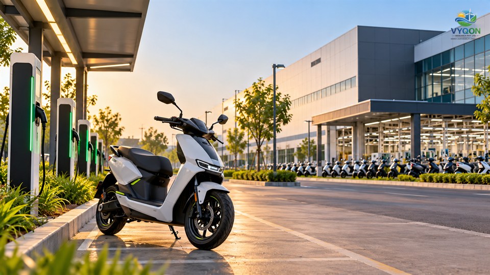 Ather Energy: white electric scooter at a charging station outside a modern scooter factory