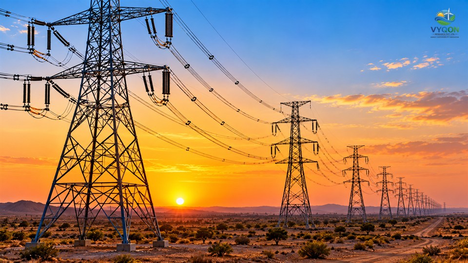 Jyoti Structures: high-voltage transmission towers and power lines stretching across a desert landscape at sunset