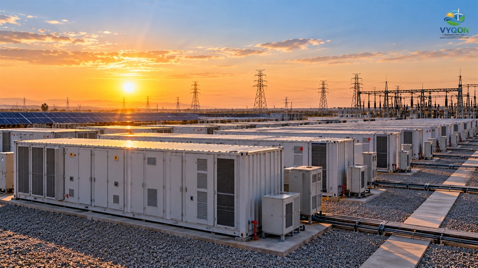 Waaree Renewable: battery storage containers beside a solar farm and transmission towers at sunset