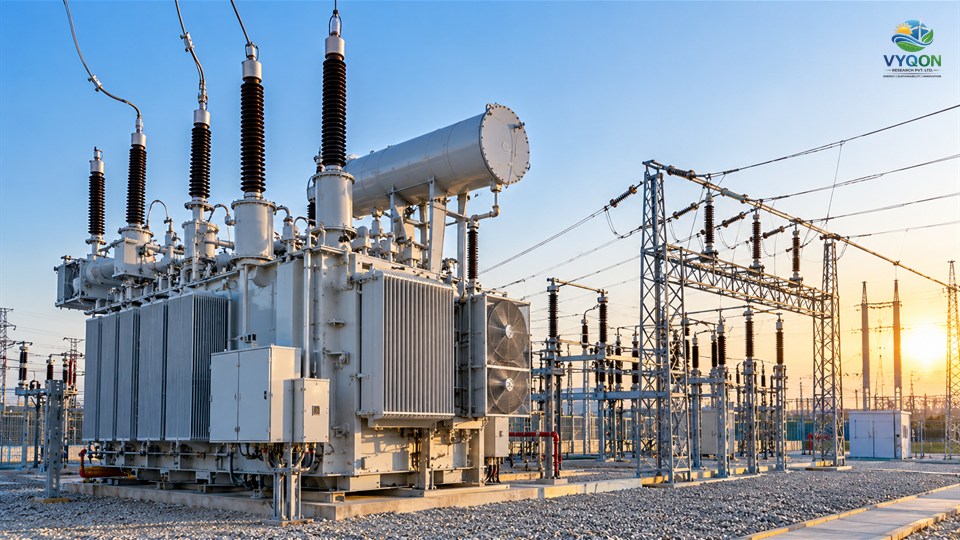 GE Vernova: large power transformer and switchyard equipment at a substation at sunset