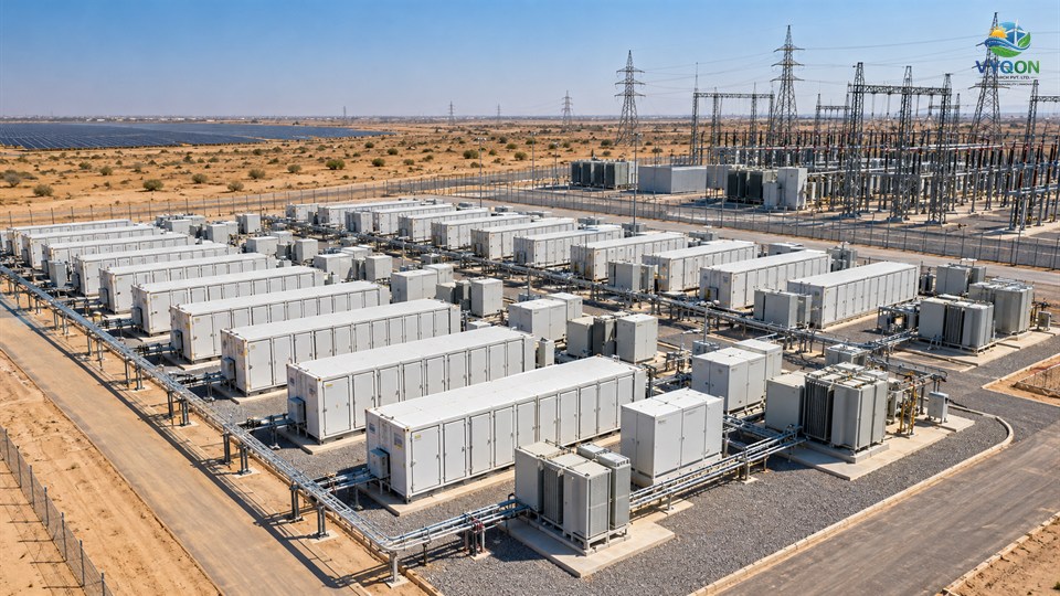 IndiGrid: aerial view of a battery storage plant with rows of containers and transmission towers in the Rajasthan desert