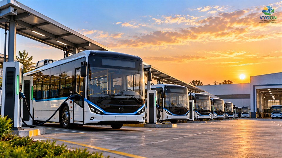 JBM Auto: electric buses charging in a row at a depot at sunset