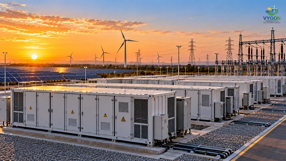 Advait Energy Transitions: battery storage containers with solar panels, wind turbines and transmission towers at sunset