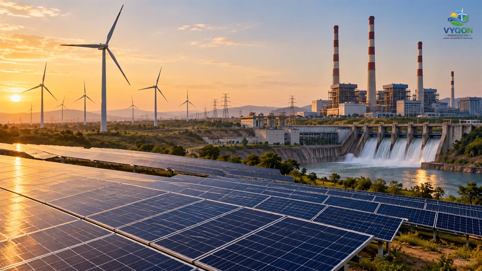 JSW Energy: wind turbines, solar panels, a hydro dam and a thermal power plant at sunset