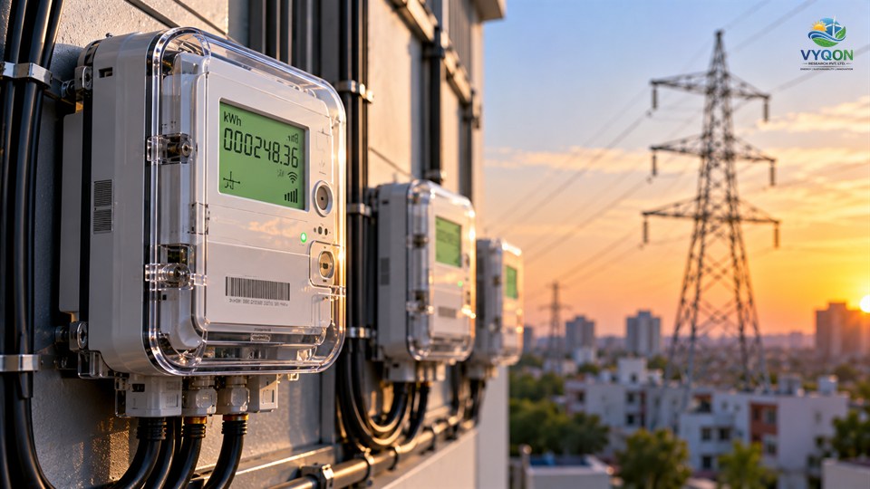 Genus Power: smart electricity meters on a building wall with a transmission tower at sunset