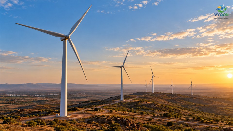 NLC India Renewables: wind turbines on a hilly landscape at sunset