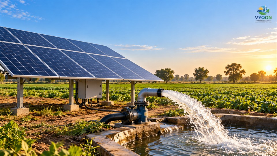 Oswal Pumps: solar panels powering a water pump on an irrigated farm at sunrise