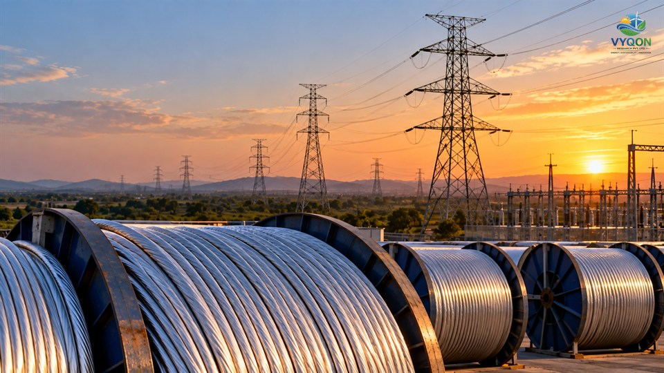 APAR Industries: reels of aluminium conductor beneath transmission towers at sunset