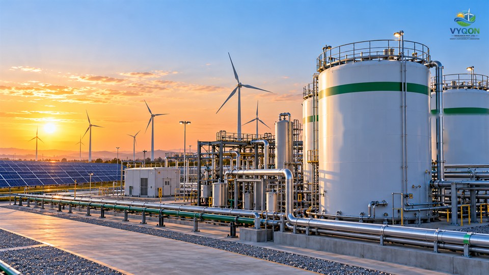 Green Hydrogen Offtake Commitments: storage tanks and pipework at a green hydrogen plant with solar panels and wind turbines at sunset
