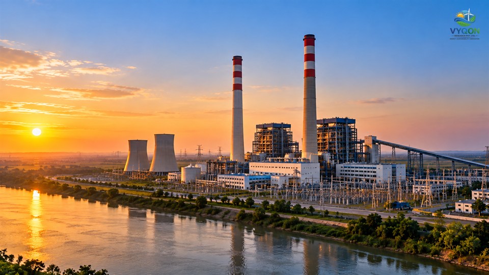 Buxar Thermal: a coal-fired power plant with chimneys and cooling towers beside a river at sunset