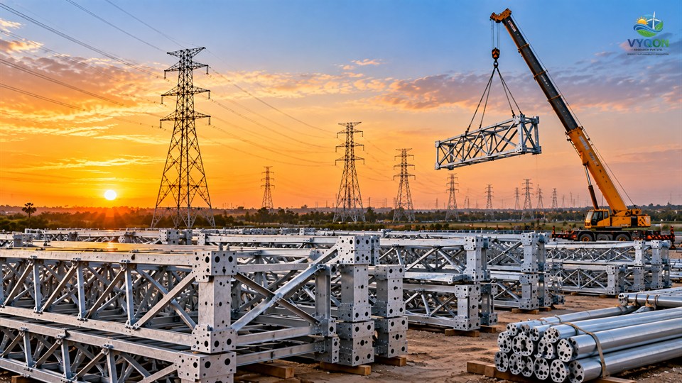 Skipper: steel transmission tower sections stacked in a yard at sunset as a crane lifts one, with pylons behind