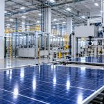 Waaree Energies: solar panels on an automated manufacturing line inside a factory