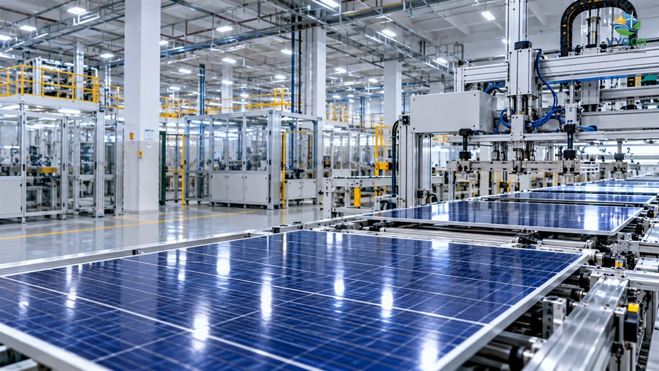 Waaree Energies: solar panels on an automated manufacturing line inside a factory