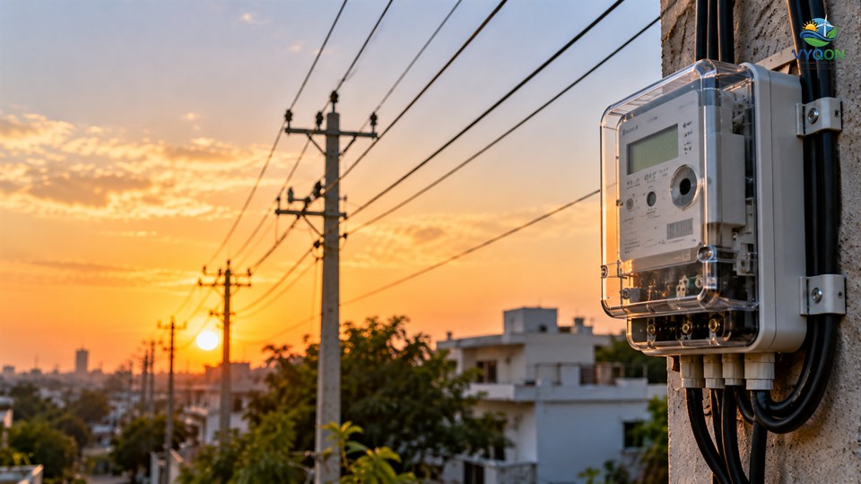Smart Meter Revenue: a smart electricity meter on a wall with power lines and homes behind it at sunset