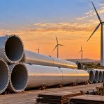 Anawil: large steel wind turbine tower sections stacked in a yard at sunset with turbines behind them