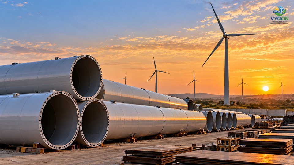 Anawil: large steel wind turbine tower sections stacked in a yard at sunset with turbines behind them