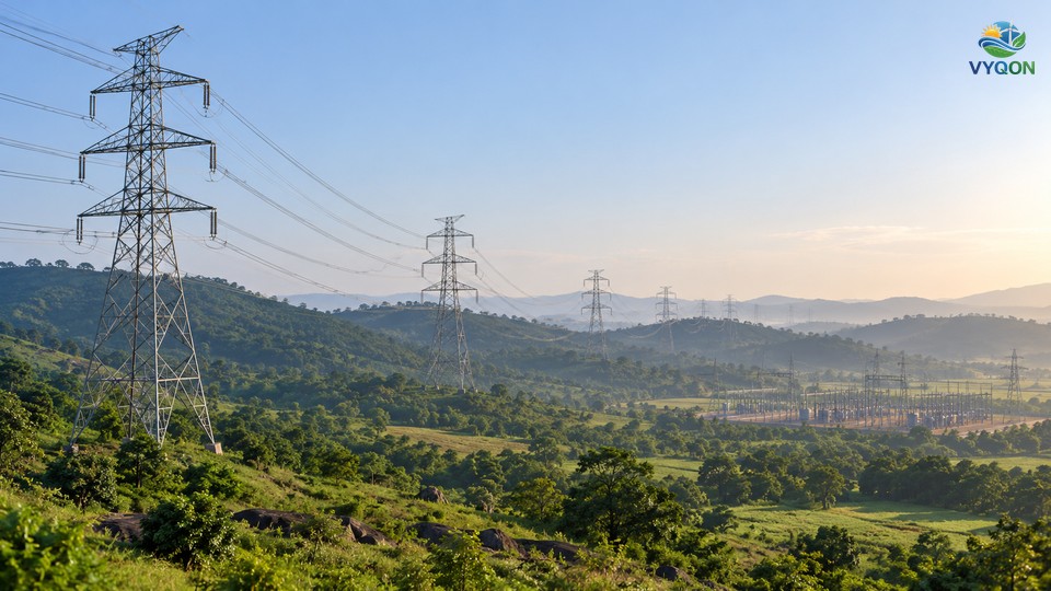 High-voltage transmission towers and power lines crossing green hills with a substation in the distance
