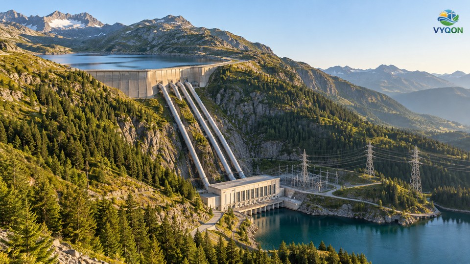 Mountain reservoir dam with steel penstock pipes running down to a hydropower plant and transmission towers beside a lake