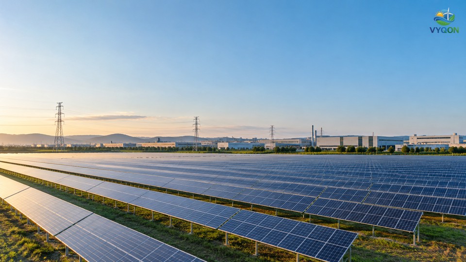 Rows of solar panels beside an industrial zone in morning light