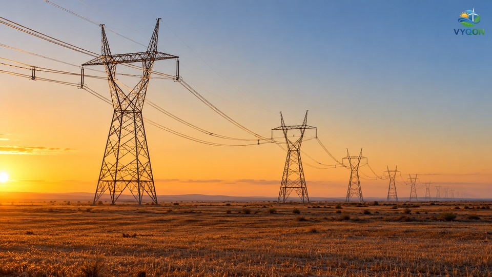 High-voltage transmission towers and power lines stretching across dry farmland at sunset
