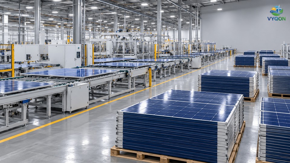 Stacks of blue solar panels on pallets beside production lines in an empty factory hall