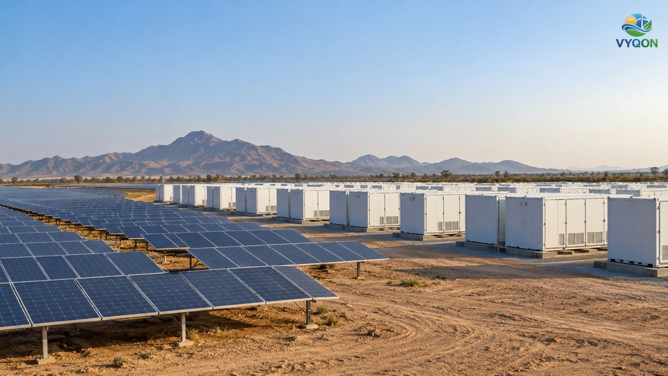 White battery storage containers beside rows of solar panels on dry land with hills in the distance