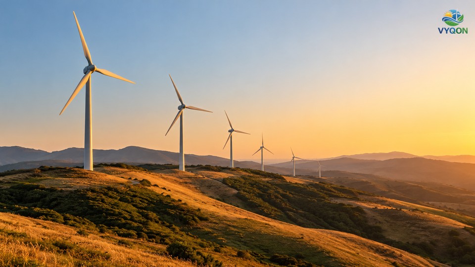 Row of white wind turbines on hills at sunset with mountains in the distance