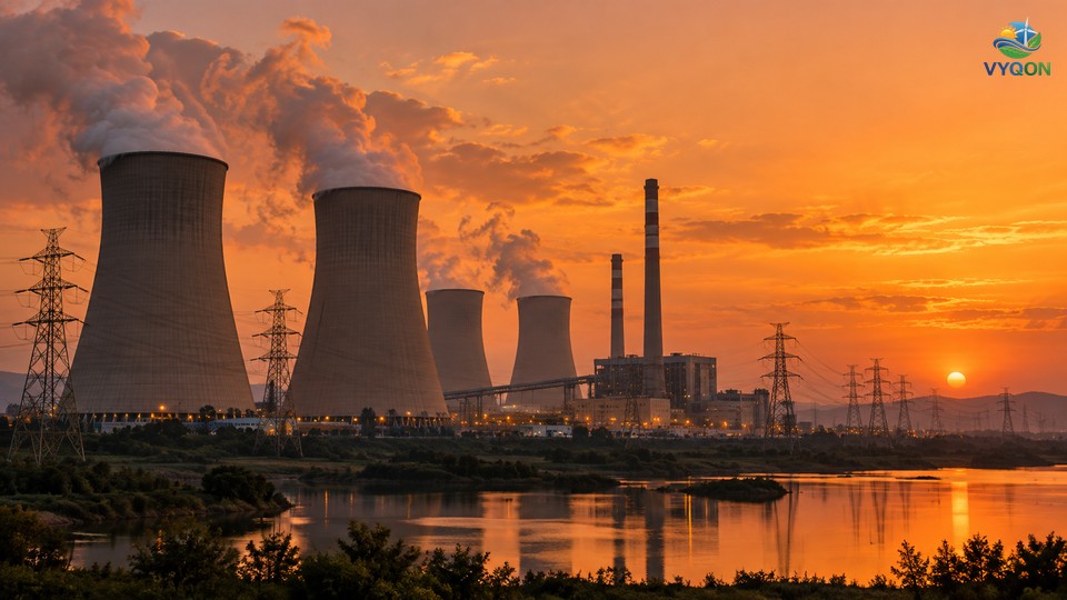Thermal power station cooling towers and transmission pylons beside a river at sunset