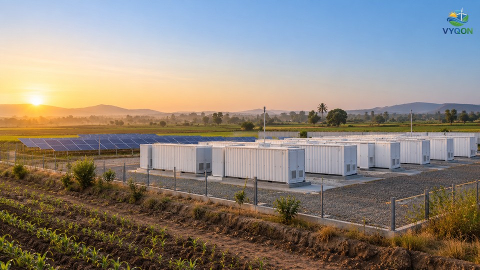 White battery storage containers beside a solar array on farmland at sunrise in rural Maharashtra