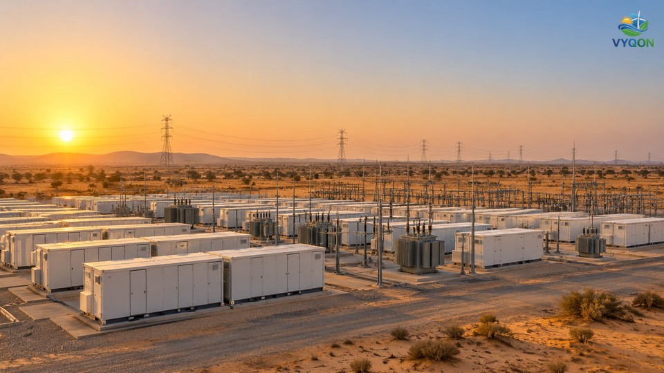 White battery storage containers and transformers in a desert substation at sunset with transmission towers in the distance