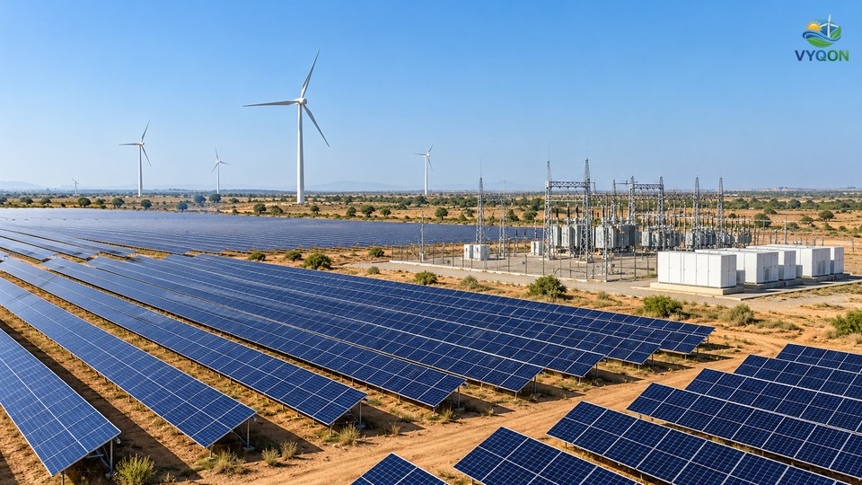Rows of solar panels with wind turbines and white battery containers beside a substation on open land