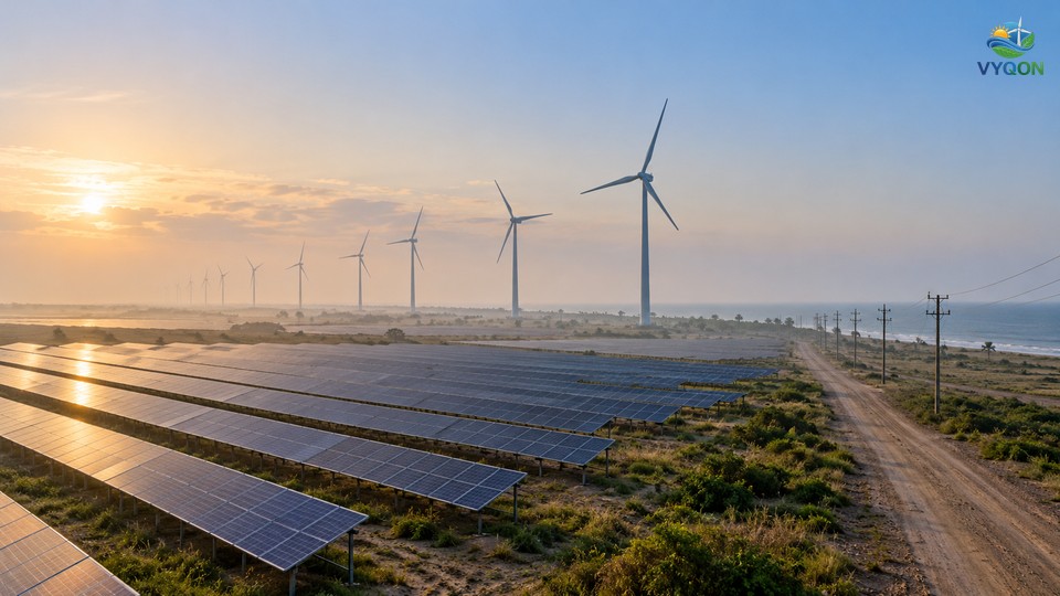 Wind turbines behind rows of solar panels on a coastal plain at sunrise with a power line along a dirt road