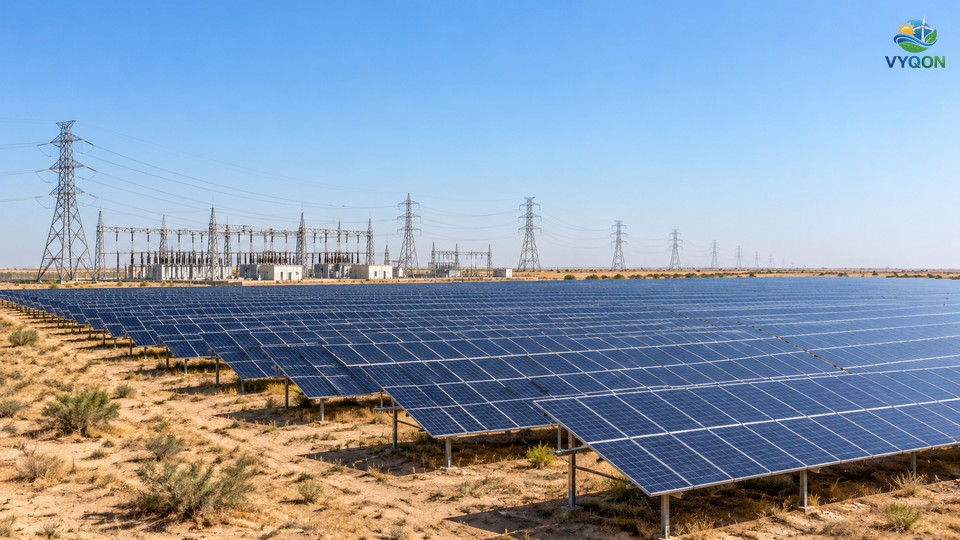 Rows of solar panels on dry land in Rajasthan with a substation and transmission towers in the background