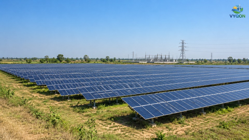 Rows of solar panels on farmland with a substation and transmission tower in the distance