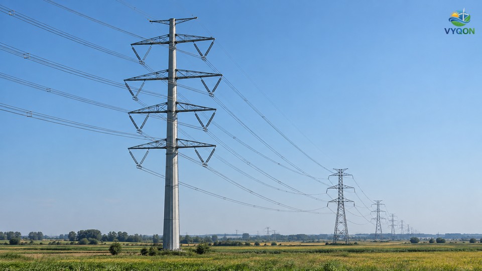 A tall four-circuit pole-type transmission structure with power lines across farmland and lattice towers in the distance
