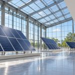 Empty glass-roofed exhibition hall with solar panel arrays and a small wind turbine on display stands