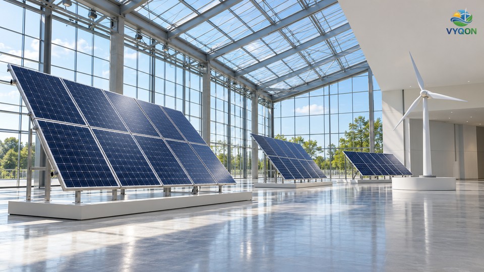 Empty glass-roofed exhibition hall with solar panel arrays and a small wind turbine on display stands