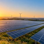 Rows of solar panels at sunrise with wind turbines on the horizon