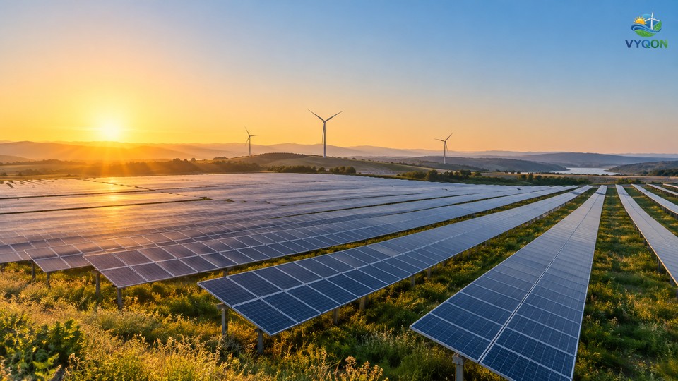 Rows of solar panels at sunrise with wind turbines on the horizon