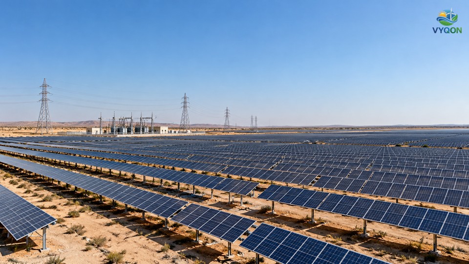 Rows of solar panels on open desert land with a substation and transmission towers in the distance