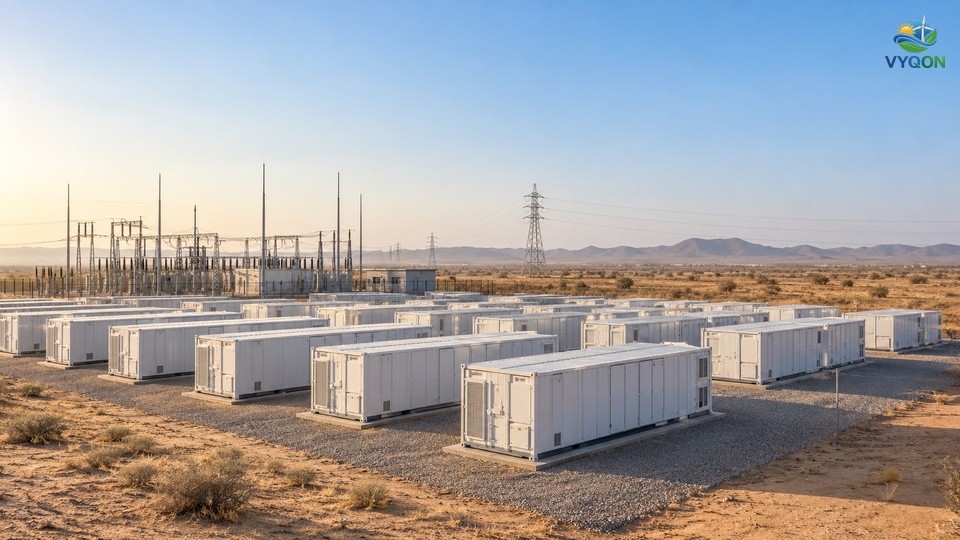 White battery storage containers on arid land with a substation and transmission tower in the distance