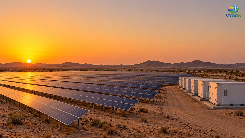 Rows of solar panels and white battery storage containers in a desert at sunset