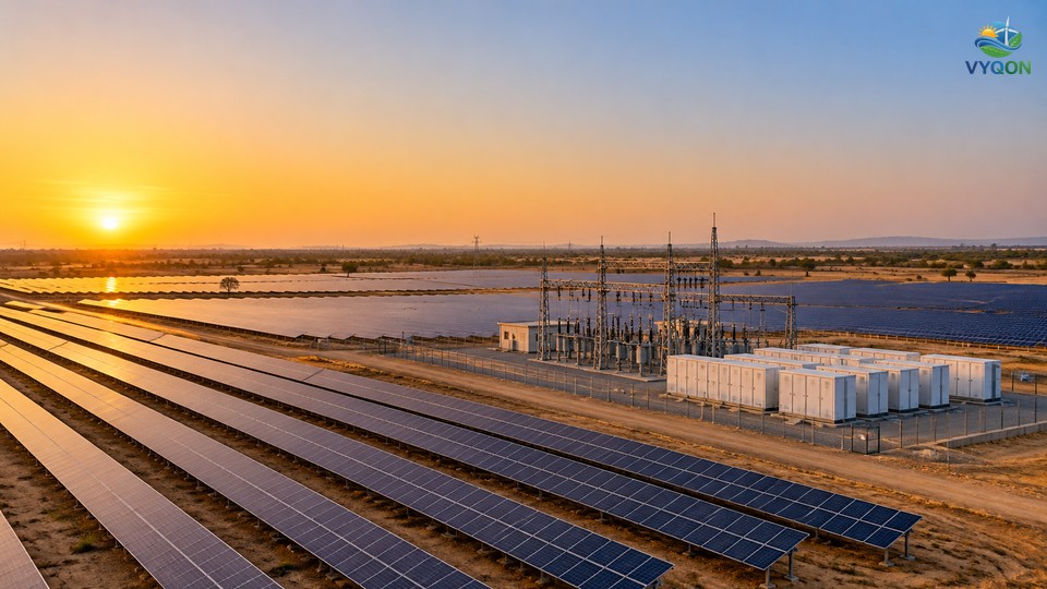 Solar panel rows and white battery storage containers beside a substation on dry plains at sunset