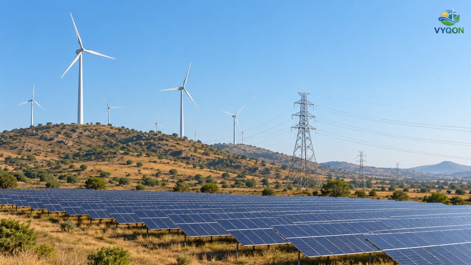 Wind turbines on a hill above rows of solar panels with a high-voltage transmission tower and power lines