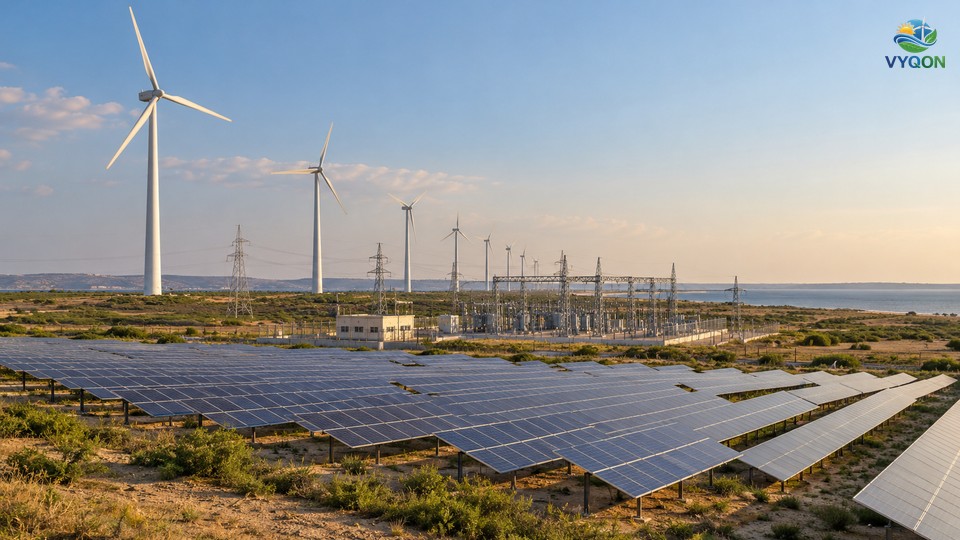 Wind turbines behind rows of solar panels and a substation on a coastal plain at afternoon light