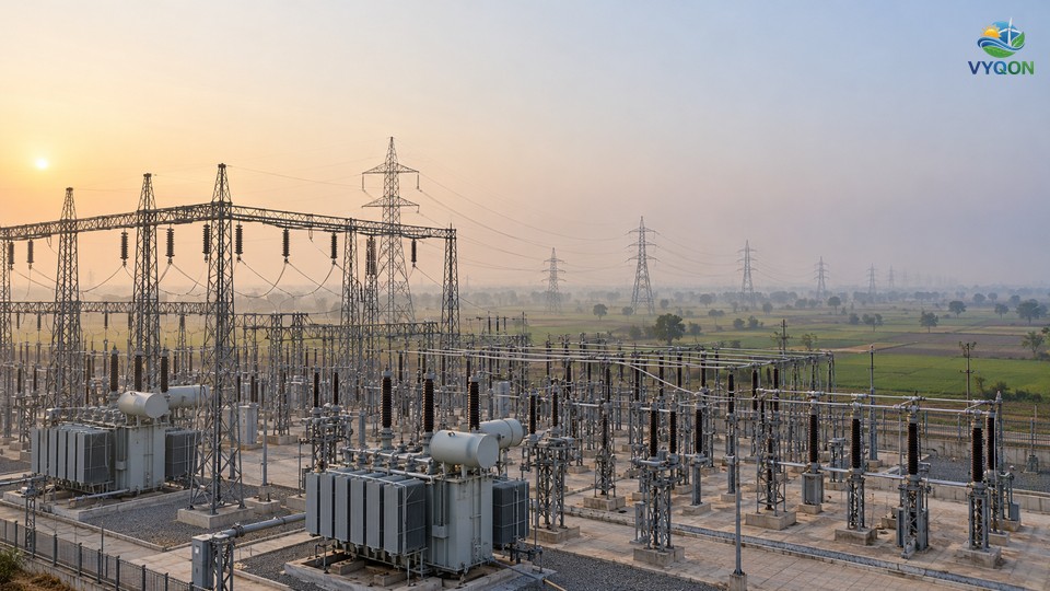 High-voltage substation with large grey power transformers and transmission lines leading to the horizon over farmland