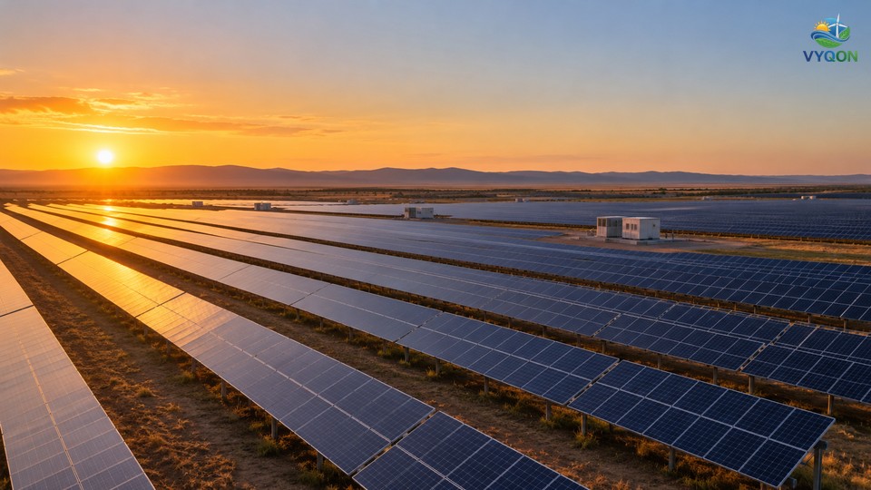 Rows of solar panels on open land at sunset