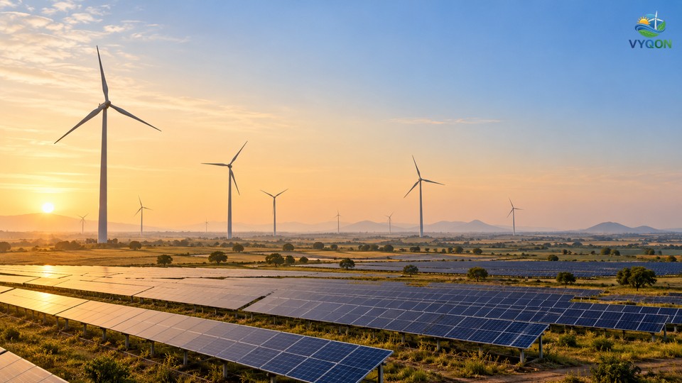 Wind turbines above rows of solar panels on open plains at sunrise